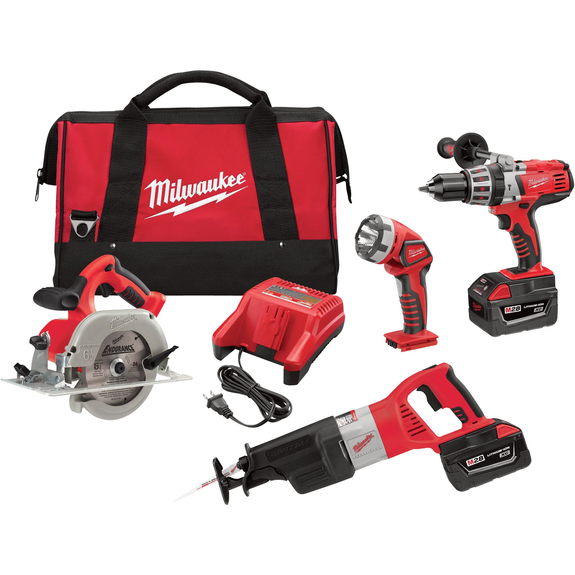 Milwaukee M28 Li-Ion Cordless Power Tool Set — 4-Tool Set, 2 Batteries, Model# 0928-29